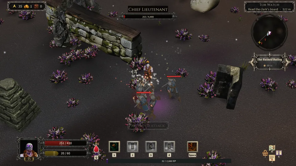 A Bellringer at level 35 fighting the Chief Lieutenant and her guards at the Ruined Bailey