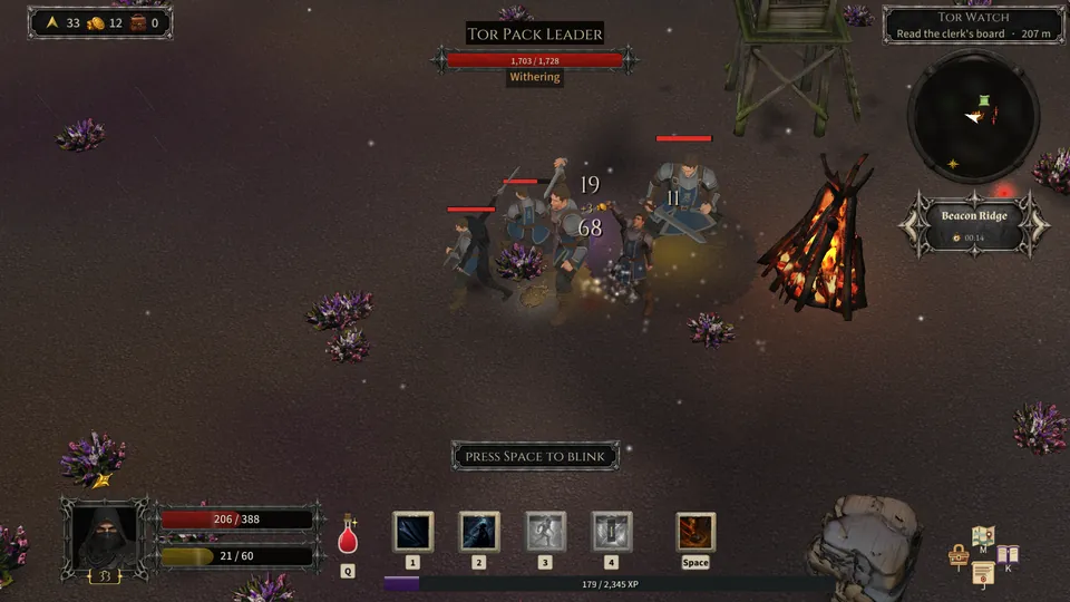 A Shade at level 33 among a Tor Pack Leader and its hands beside a fire on the heath