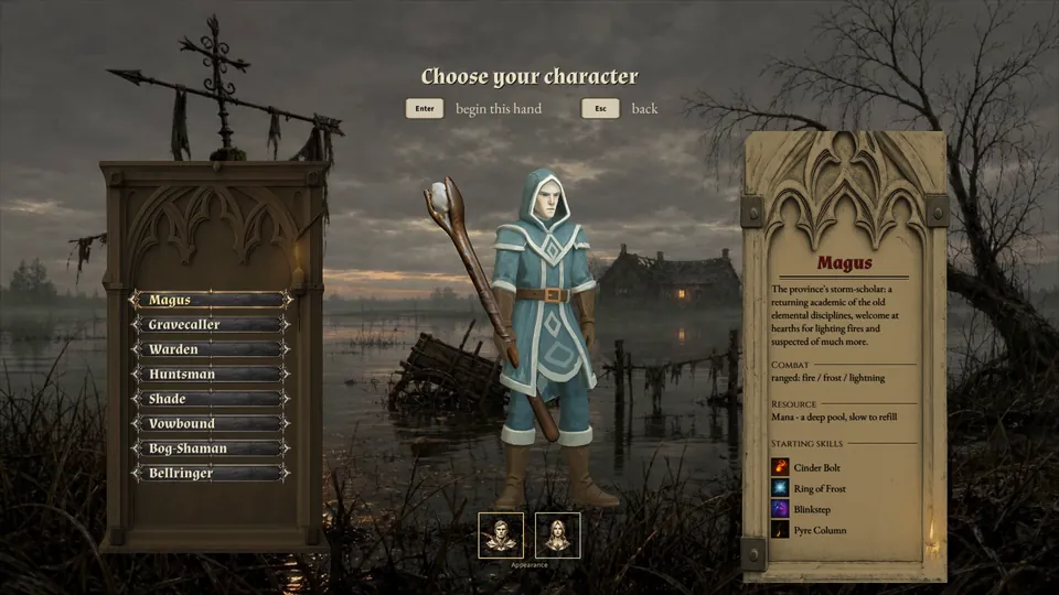 Choose your character: the eight classes on the left, the Magus standing in the middle, his card on the right with Combat, Resource and Starting skills