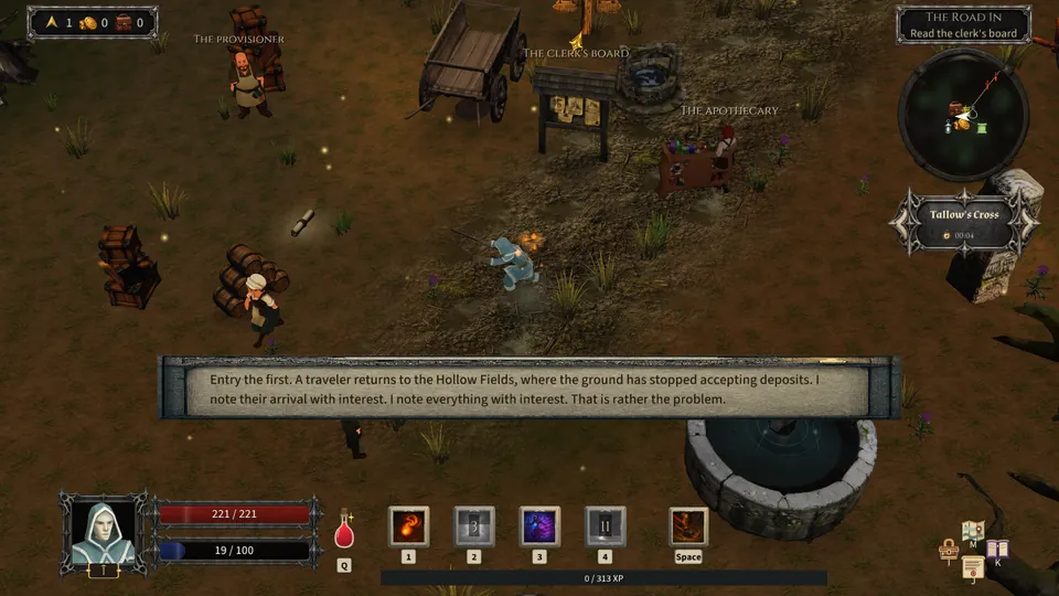 Tallow's Cross at the start of a journey: the provisioner, the clerk's board and the apothecary around the Magus, the narrator's first line in a card, the HUD around the edges