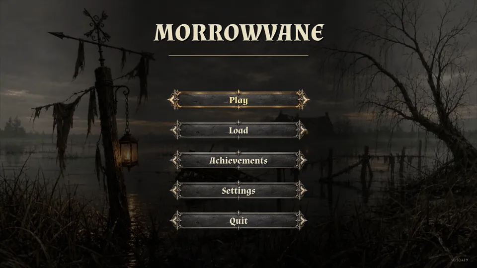 The title screen: MORROWVANE over a flooded field, with the buttons Play, Load, Achievements, Settings and Quit