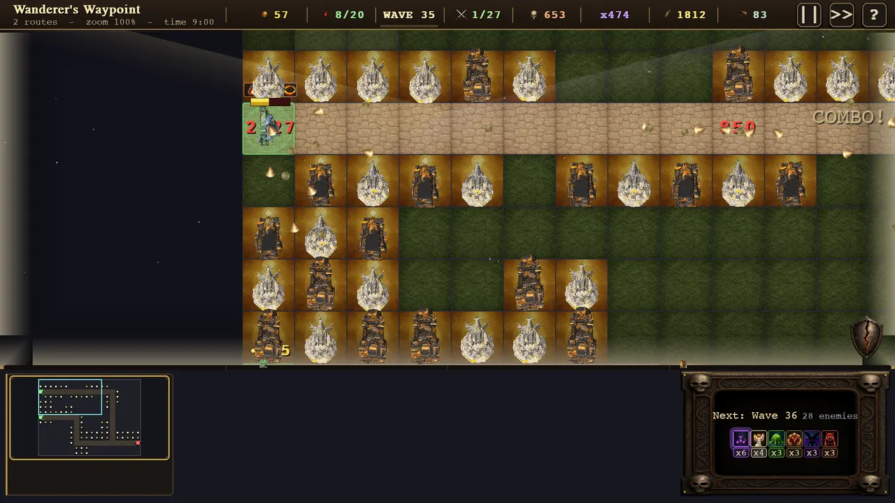 Wave 35 with 83 towers of only two types and a combo firing