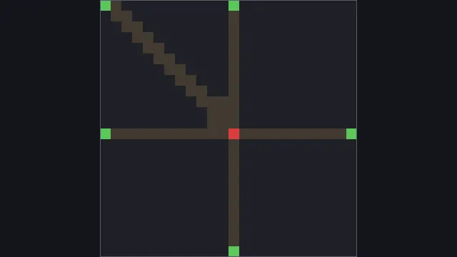 Wayfarer's Crossroads layout: spawn points green, goal red, the enemy route in tan