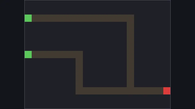 Wanderer's Waypoint layout: spawn points green, goal red, the enemy route in tan