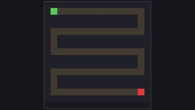 Stormbend Trail layout: spawn points green, goal red, the enemy route in tan