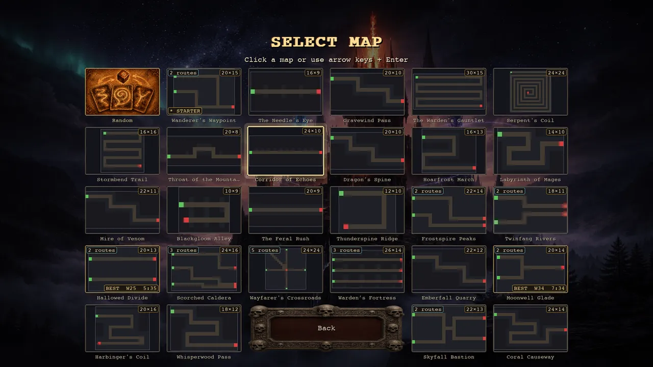 Map select, showing each map's real layout, size and route count