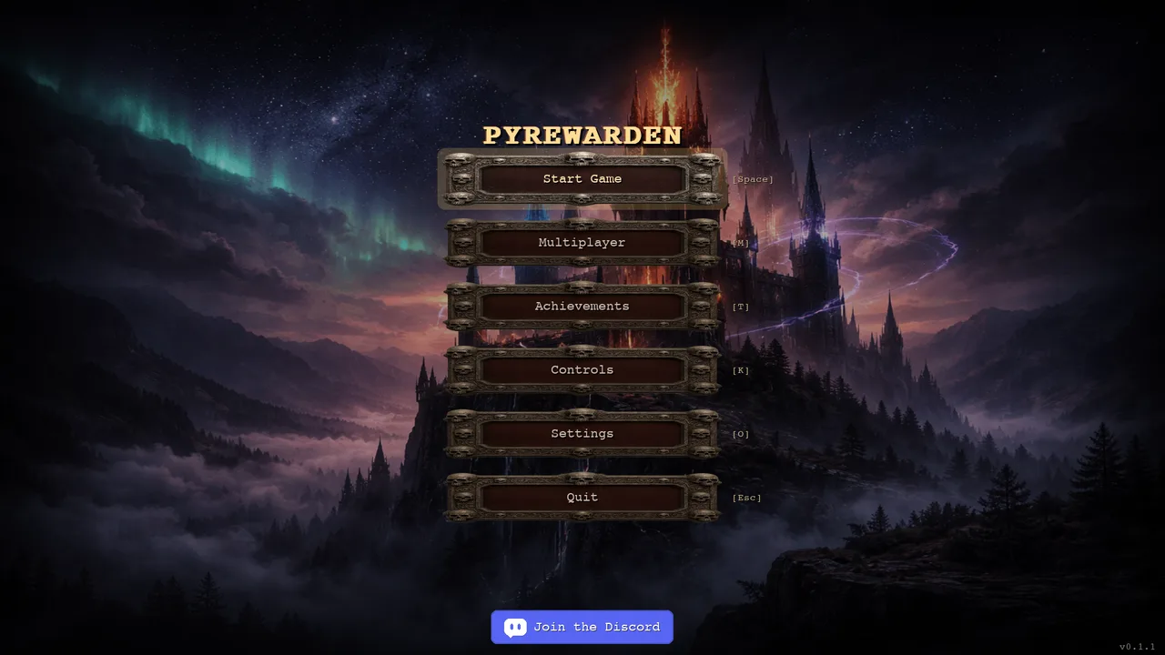 The Pyrewarden main menu: Start Game, Multiplayer, Achievements, Controls, Settings, Quit