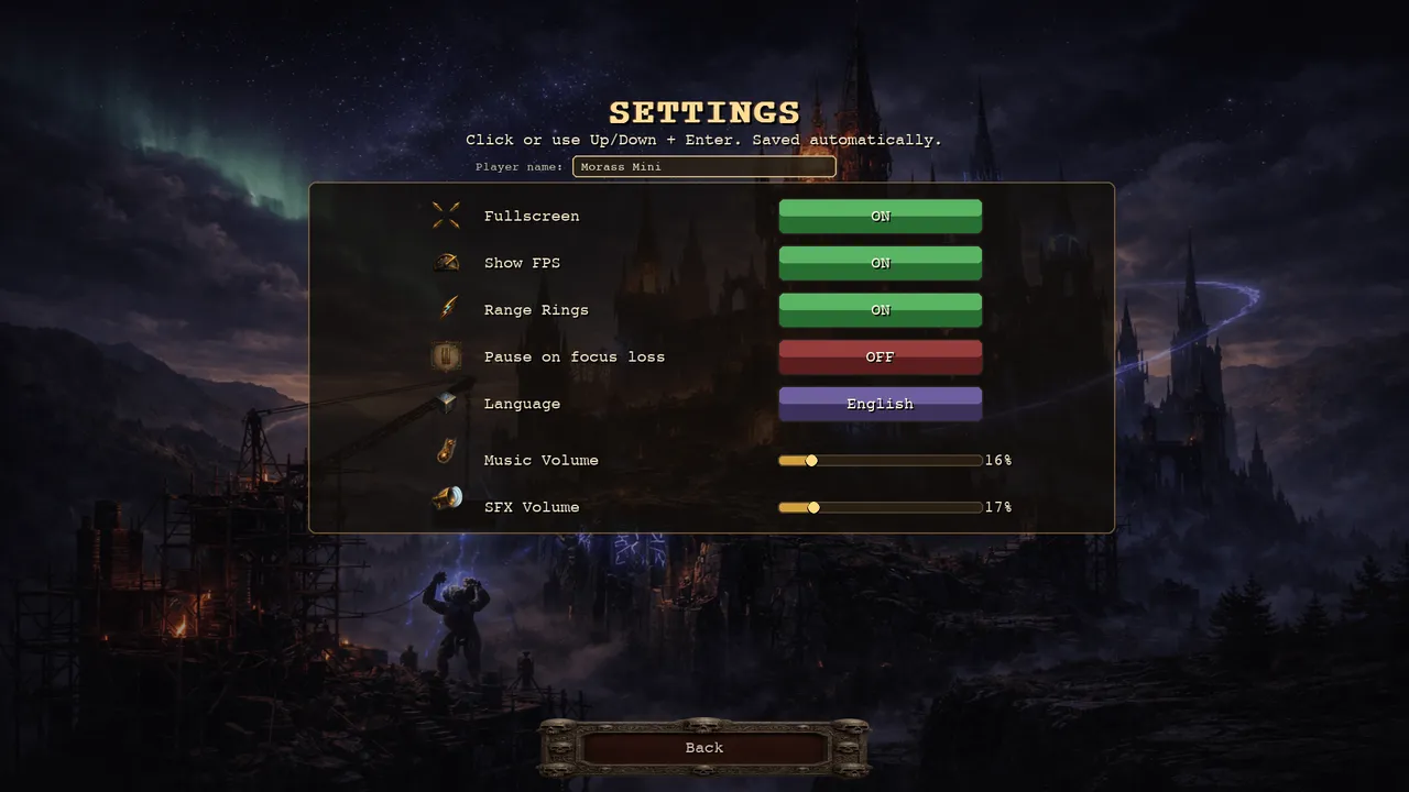 The Pyrewarden settings screen: player name, then Fullscreen, Show FPS, Range Rings, Pause on focus loss, Language, Music Volume and SFX Volume