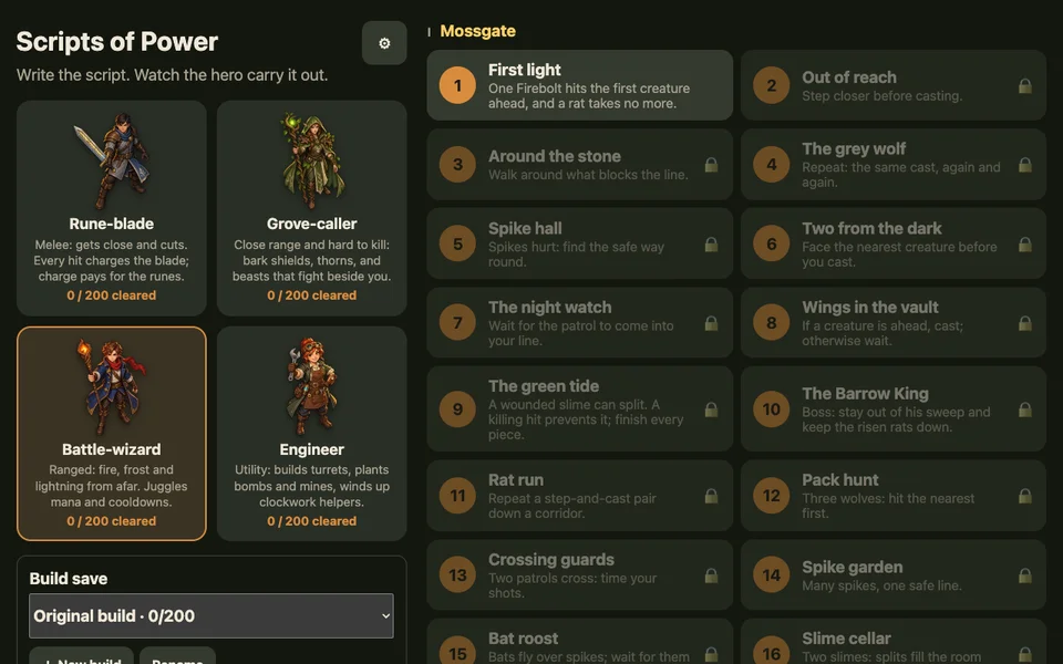 Hero selection, build save selector and room list