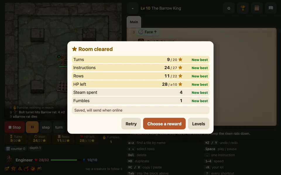 Room cleared: nine turns, twenty-four instructions, eleven rows, twenty-eight HP and one fumble
