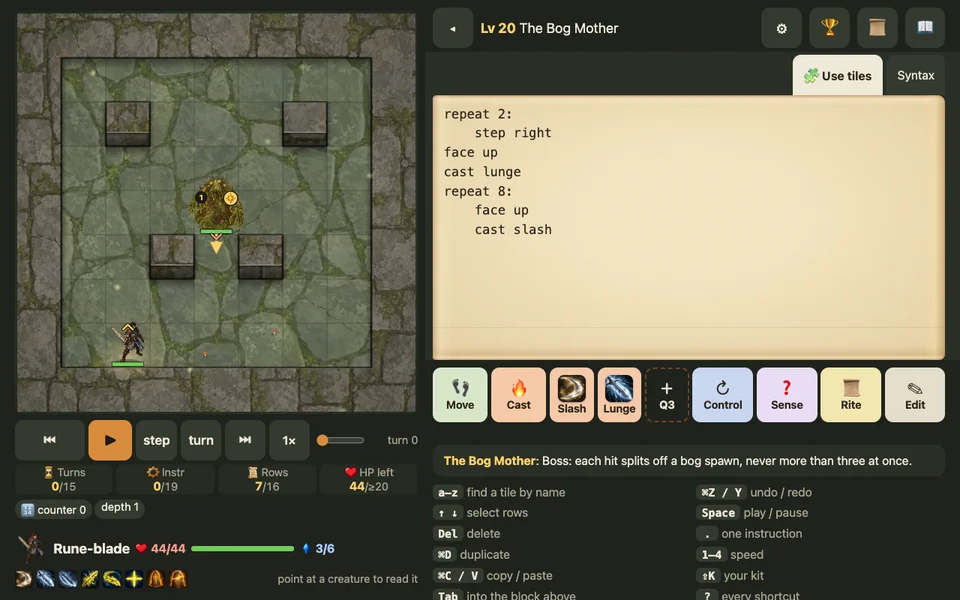 The full Bog Mother room and the Rune-blade's script
