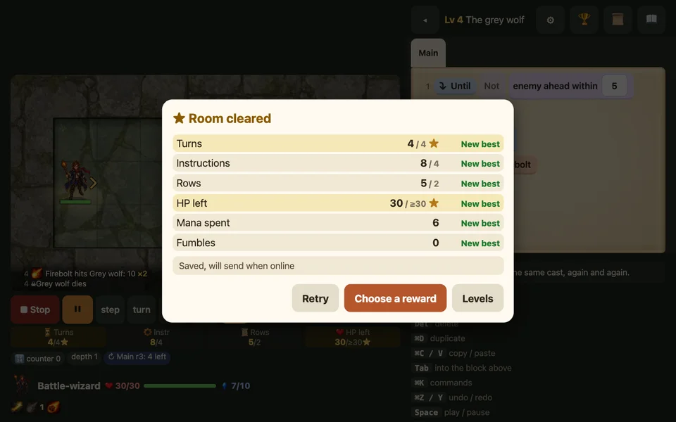 Room cleared: four turns, eight instructions, five rows, thirty HP and zero fumbles