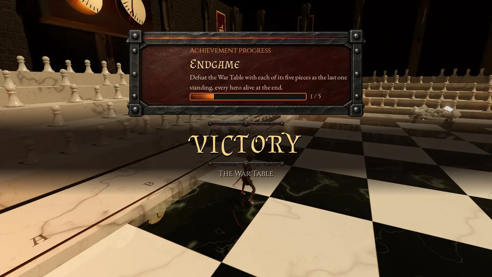 The Endgame progress card, 1 of 5, above the VICTORY banner in the War Table's hall