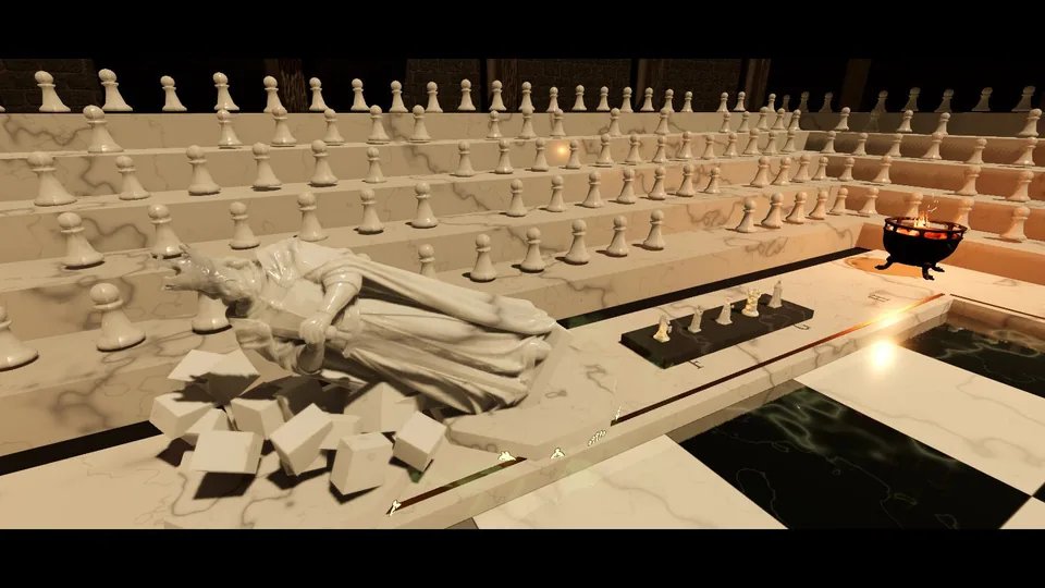 The King lying toppled on his plinth among marble chunks after the last blow
