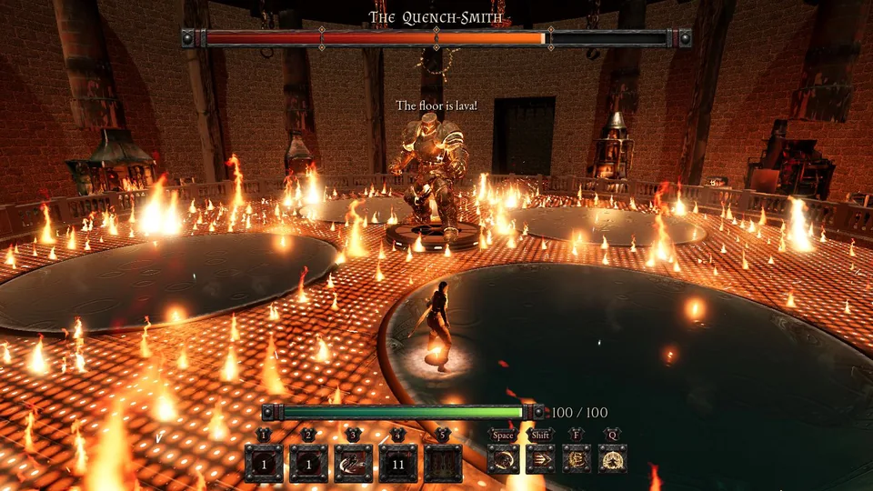 The Hunter standing in a dark pool while the Lava Burst's flames cover the whole iron floor round her