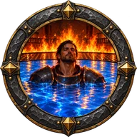 The In Deep Water achievement emblem: an armoured hero in water to the chest before a wall of flame