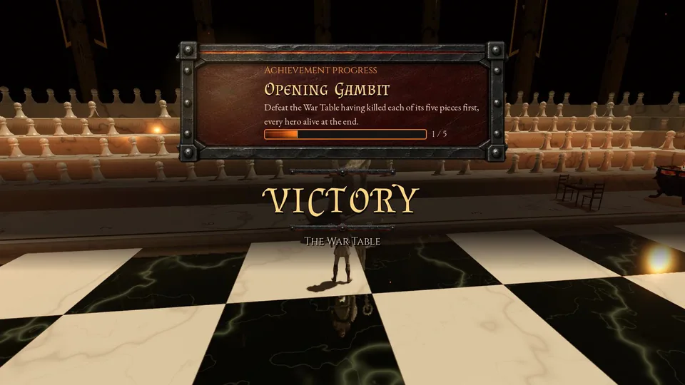 The Opening Gambit progress card, 1 of 5, above the VICTORY banner in the War Table's hall