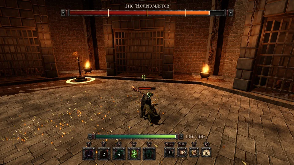 The Totem Shaman shooting a war-hound whose health bar is dropping, the Houndmaster standing aside