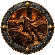 The Put Down achievement emblem: the Houndmaster toppling among his dead hounds