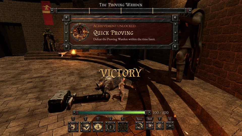 The Quick Proving card above the VICTORY banner, the Proving Warden fallen