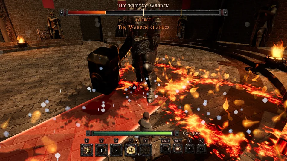 The Proving Warden charging down his lane through fire, the Bellringer beside the burning trail