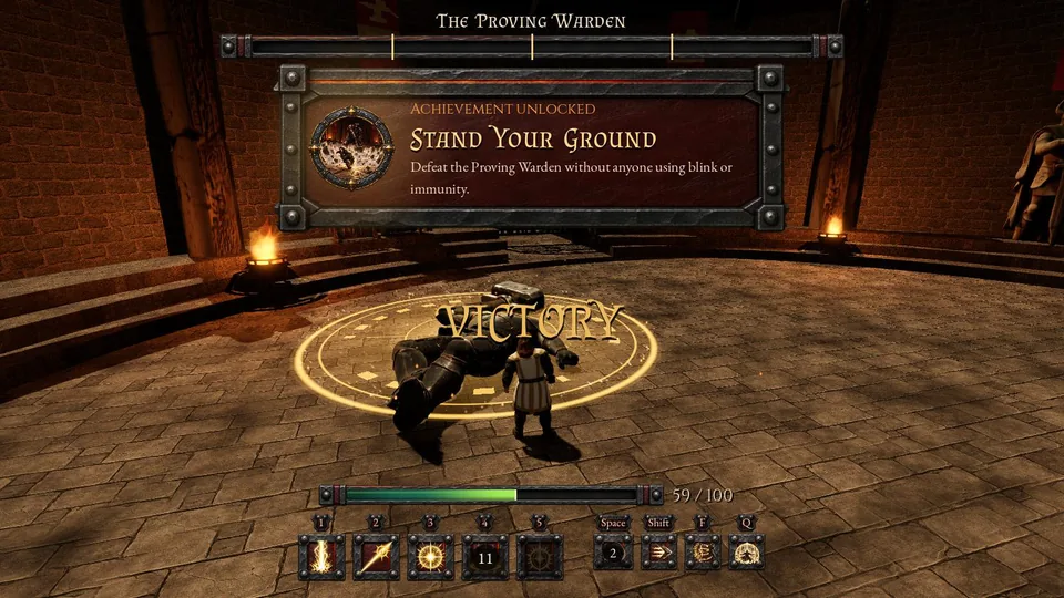 The Stand Your Ground card above the VICTORY banner, the Proving Warden fallen
