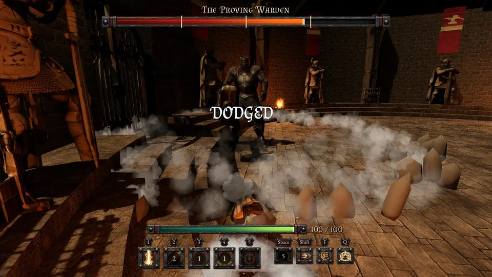 The Lightbringer rolling through the Debris Wall's ring of rubble beside the Proving Warden, DODGED over him