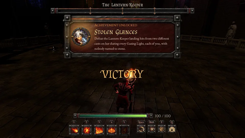 The Stolen Glances card above the VICTORY banner in the dark Lantern Chapel