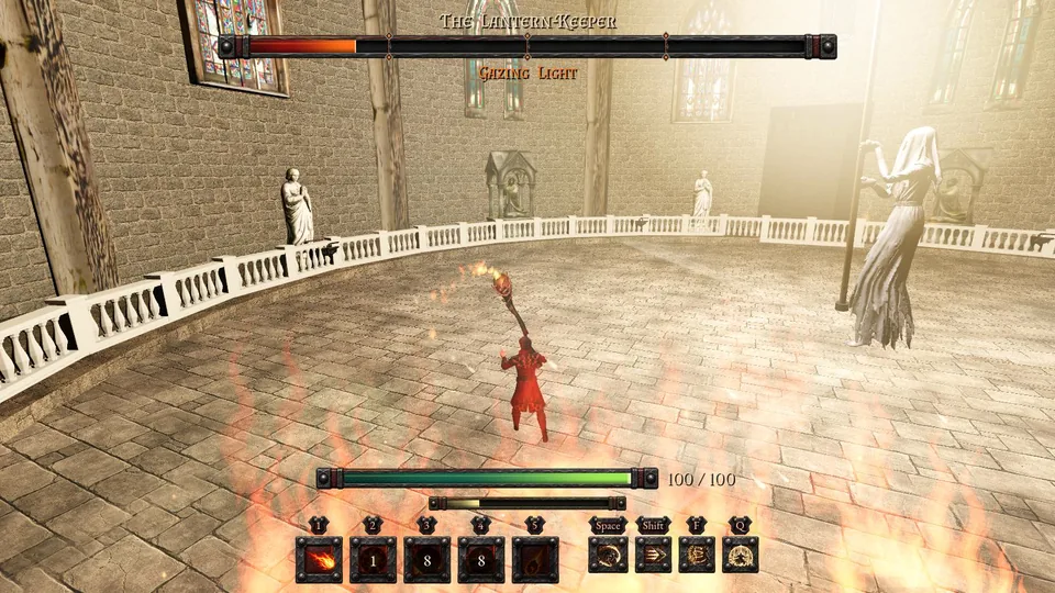 The Pyromancer glancing back at the Lantern-Keeper with his staff raised as the gaze begins in the dark chapel