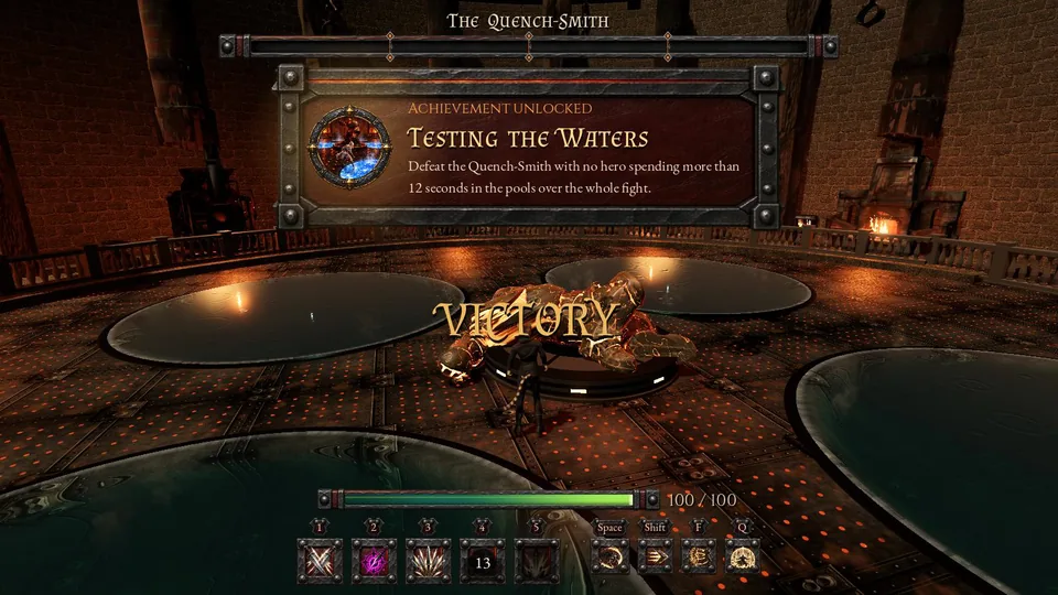 The Testing the Waters card above the VICTORY banner in the Smelting Hall