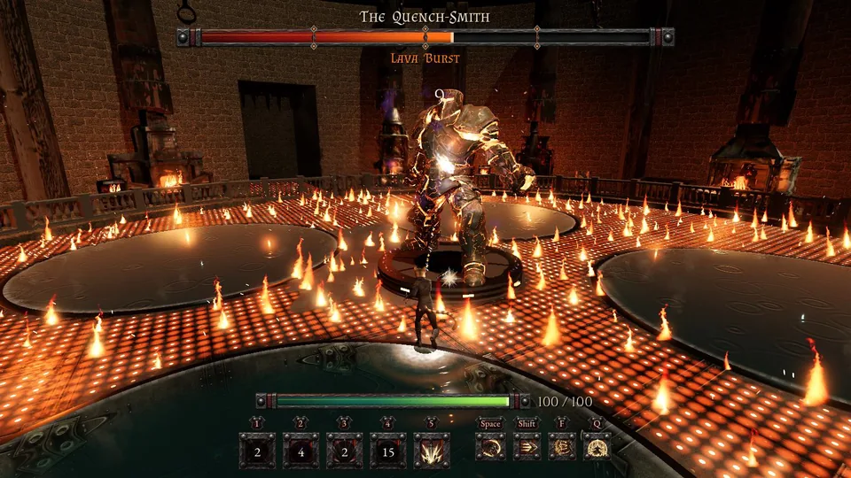The Shade at the edge of a pool as the Lava Burst's flames rise from the iron floor, the Quench-Smith on his dais behind