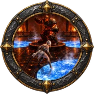 The Testing the Waters achievement emblem: a hero on the dry grid dipping one toe into a steaming pool