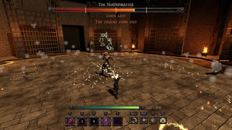 The Houndmaster winding up a Chain Lash with no red lines on the floor, the Necromancer in front of him