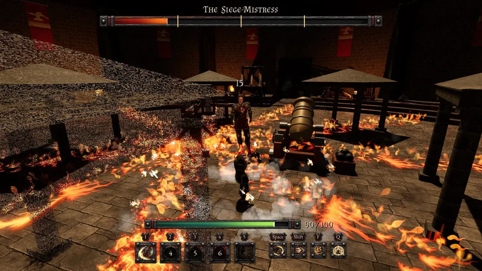 Burning lanes and shell craters across the Siege Yard floor