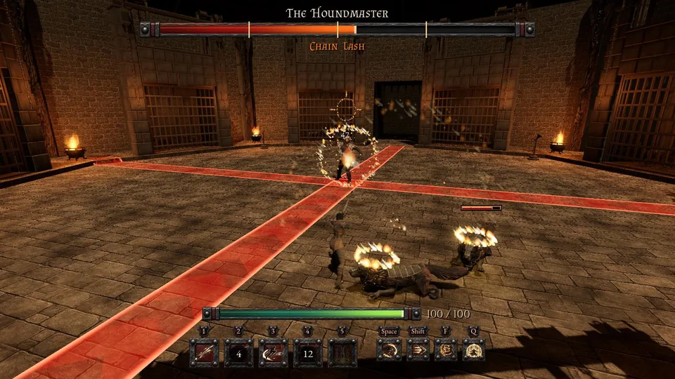 Two red lines crossing beneath the Houndmaster, the Hunter standing between them beside two stunned hounds