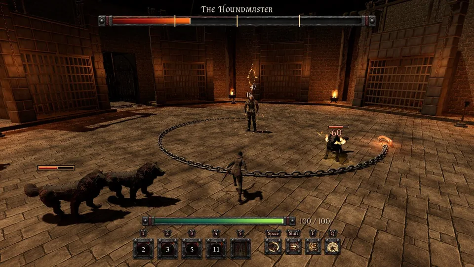 A dark iron chain coiled round the Houndmaster, its hooked head sweeping outward past a stunned hound, two more hounds to the left