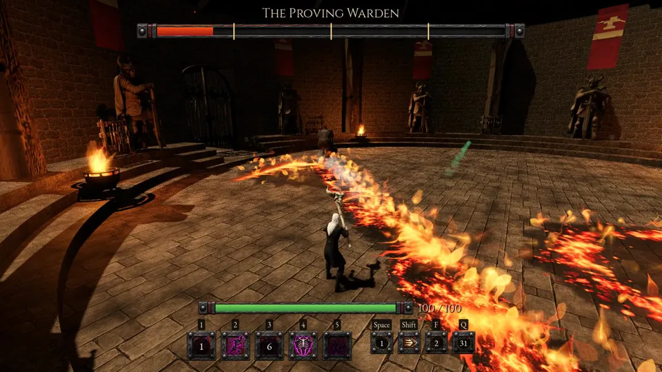 The Proving Warden charging across the ring and leaving fire behind him