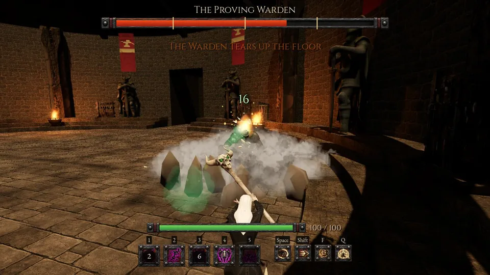 A ring of debris running outward from the Proving Warden across the floor