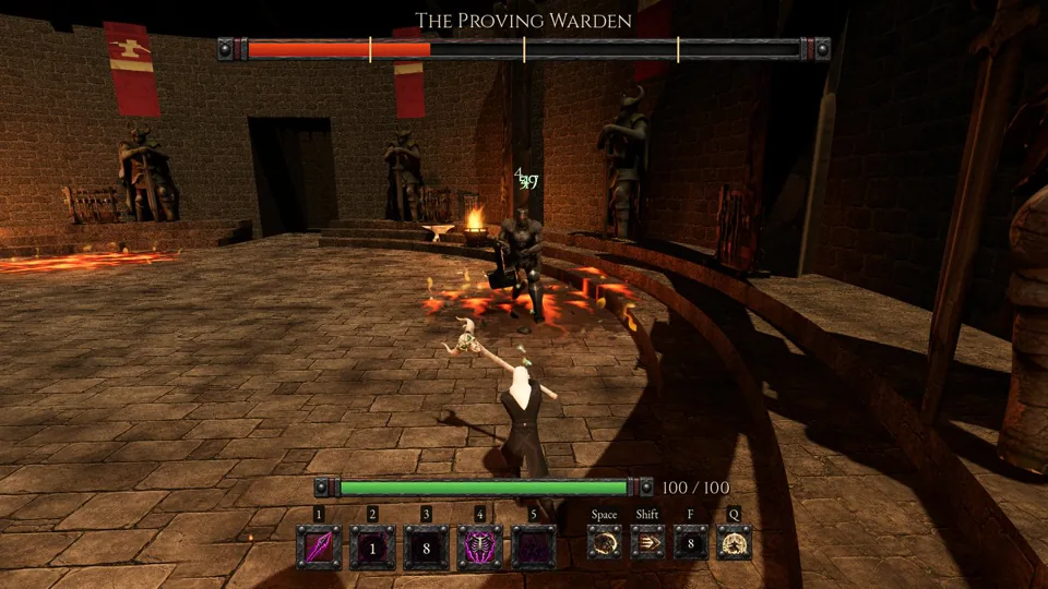 Fire pools burning on the floor of the Proving Ring after a hammer strike
