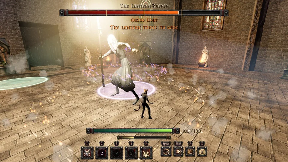 The Lantern-Keeper raising her lantern in a burst of white light, GAZING LIGHT under her health bar and the gaze bar under the Shade's health