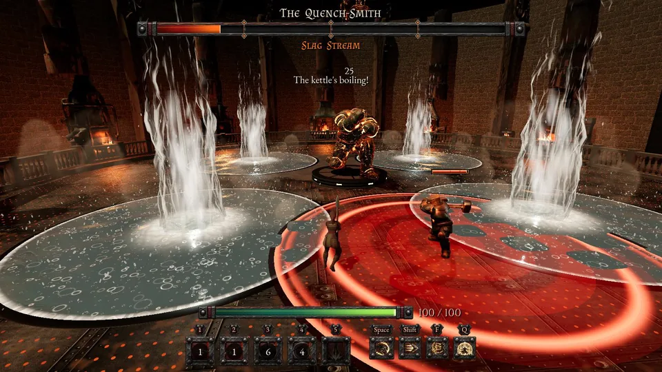 A foundry golem with a maul chasing the Spear-dancer across a slag circle while the pools erupt