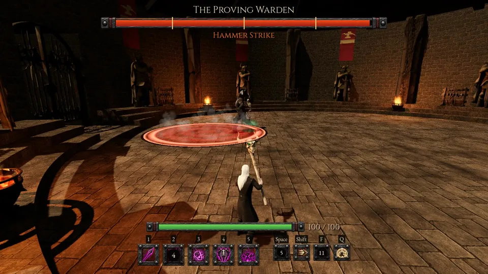 The Proving Warden bringing his hammer down inside a red warning circle