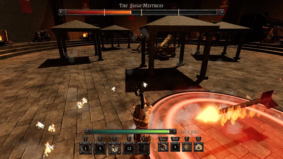 A huge burning bolt from her ballista hunting the hero round the Siege Yard