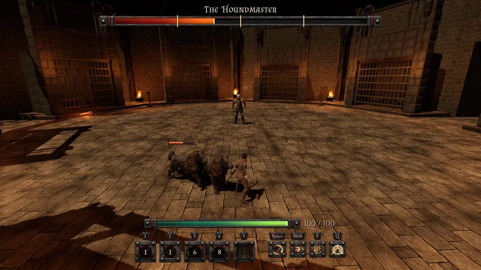 Two armoured war-hounds closing on the Hunter one minute into the fight, the Houndmaster behind them