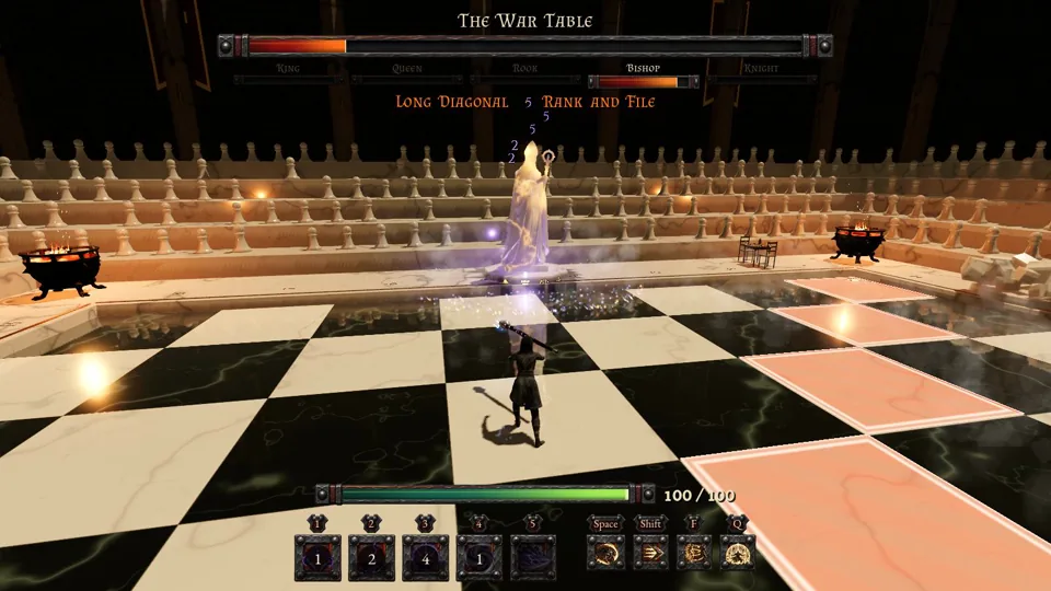 The Bishop alone on the marble board while red squares are marked in front of the hero
