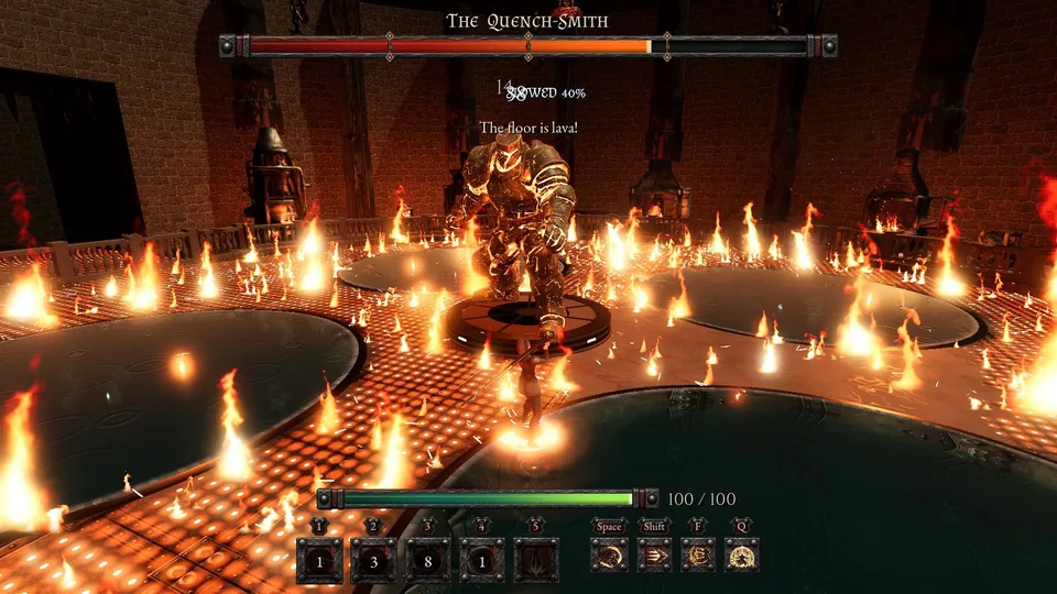 Flames bursting from the whole iron floor of the Smelting Hall round the Quench-Smith, the dark pools untouched