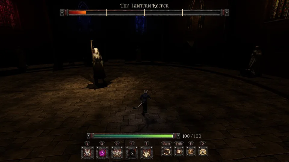 The dark chapel after Lights Out, the Lantern-Keeper and the Shade barely lit, nothing visible on the floor