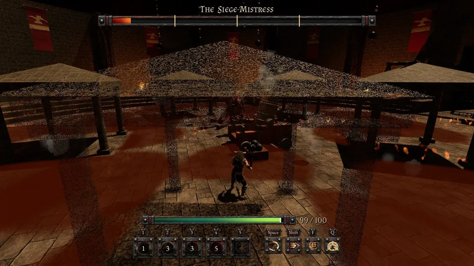 Shell shadows growing across the Siege Yard while the hero shelters under a roof