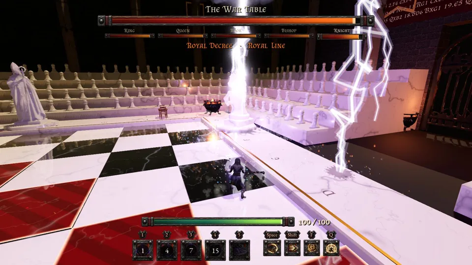 A red line of marked squares across the marble board, with Royal Line and Rank and File named under the health bars
