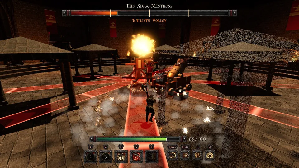 A homing missile bursting in flames on the Siege-Mistress beside her ballista while the Berserker stands clear
